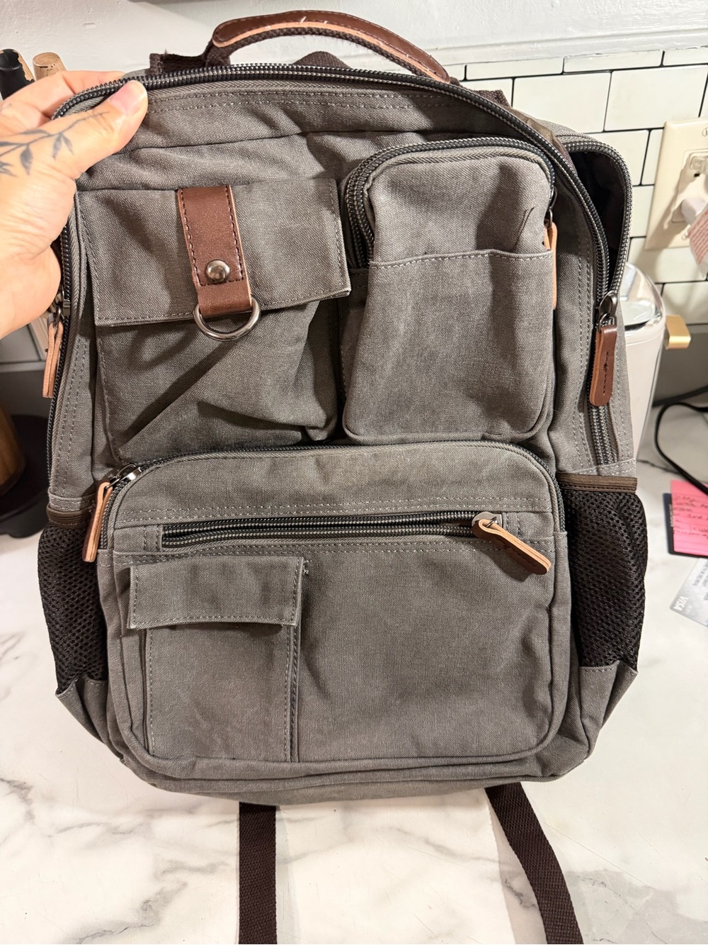 Men's Gray Canvas Multi-Pocket Backpack with Leather-Trim